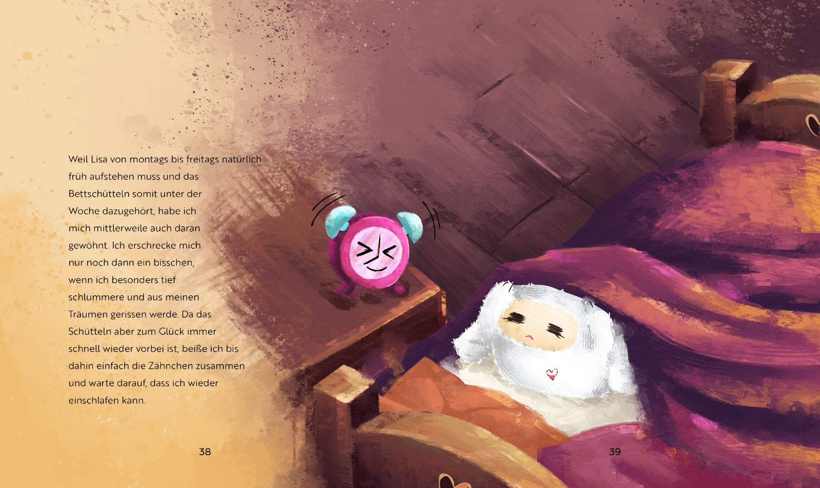 Der Wecker klingelt und Miepie wird wach. Miepie liegt unter der Bettdecke und guckt nicht glücklich. Sie möchte lieber weiterschlafen.