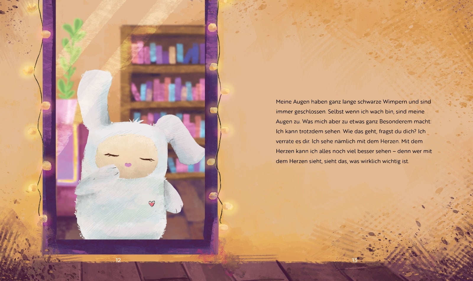 Miepie schaut in den Spiegel und begutachtet ihre langen Wimpern, ihren flauschigen Körper und ihr herzförmiges Schnuffometer.