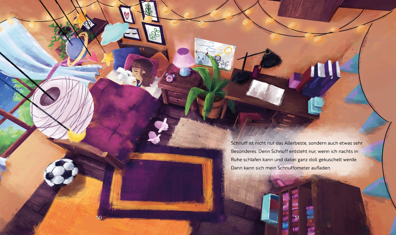 Miepie und Lisa kuscheln im Bett im Kinderzimmer und träumen von Schnuff.