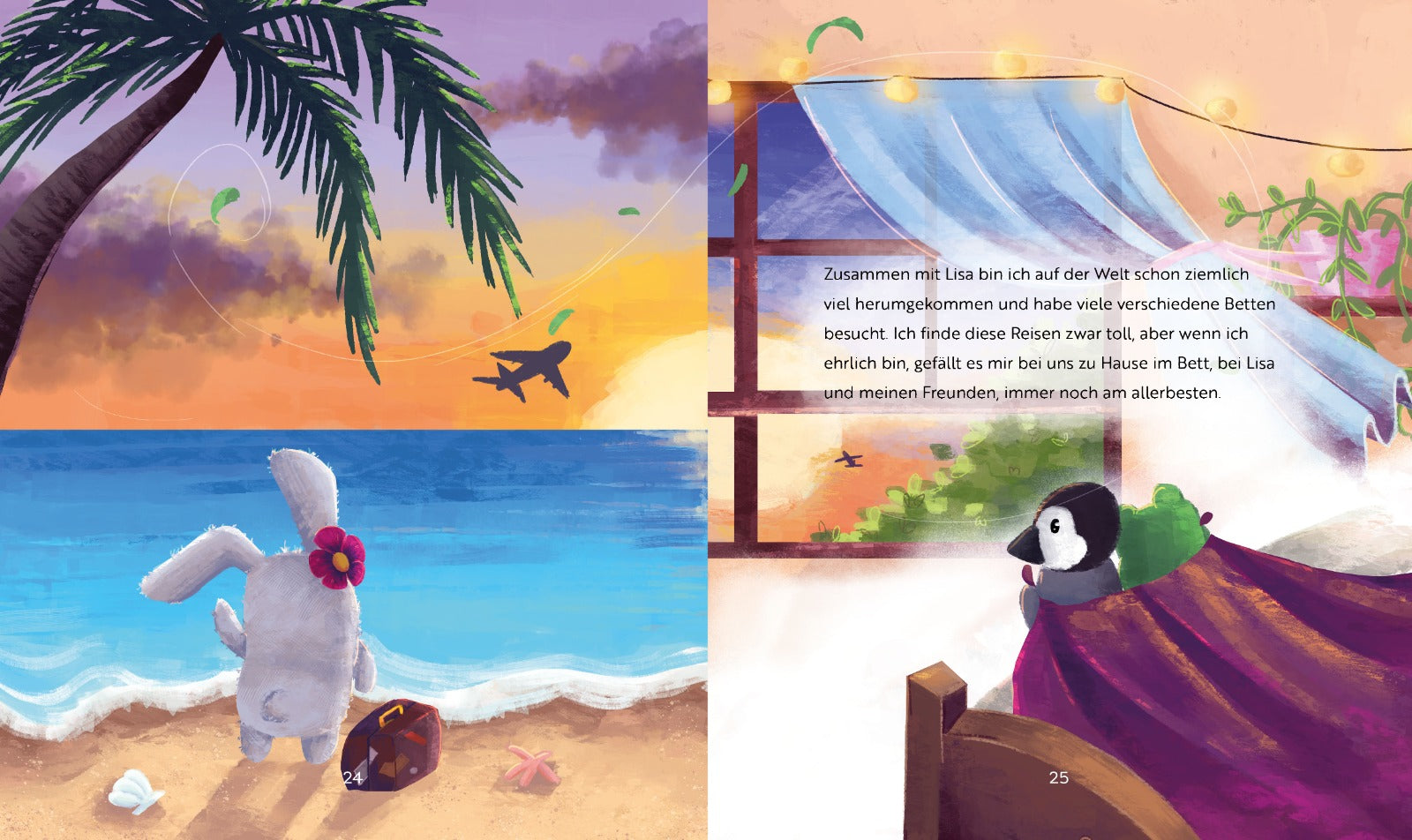 Miepie steht am Strand mit Koffer und schaut aufs Meer. Gleichzeitig warten Pingie und Quak zuhause unter der Bettdecke im Bett auf Miepies Rückkehr.