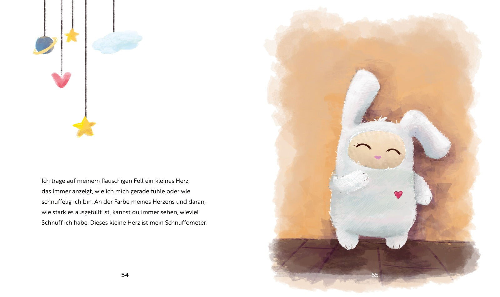 Miepie steht vor der Wand und freut sich. Ihr Schnuffometer ist komplett gefüllt.